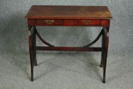 Writing table, late 19th century walnut on stretchered lyre supports. H.723 W.83 D.45cm.
