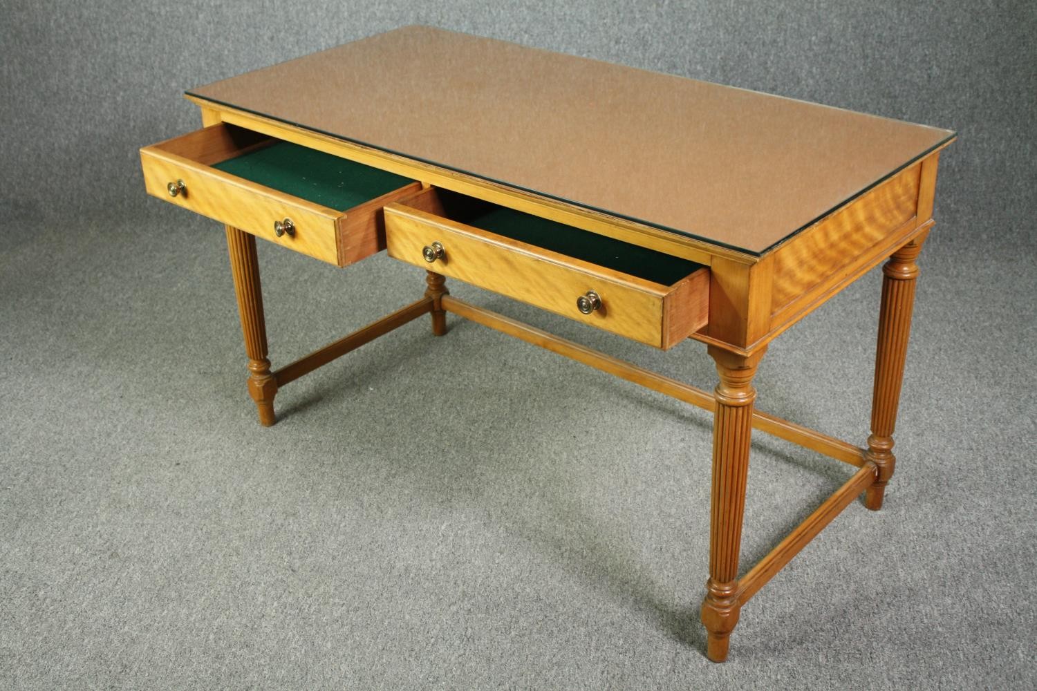 An early 19th century satinwood writing table with composite top under plate glass, stamped - Image 9 of 10