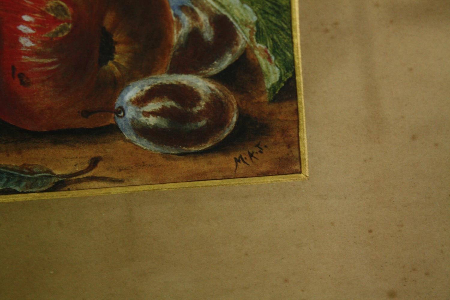 A late 19th century watercolour, glazed and in a carved oak frame, birds and fruit, initialled - Image 3 of 4