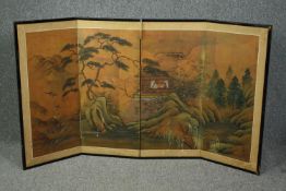 An early 20th century Japanese low screen with four gouache painted panels on a gilt background. H.