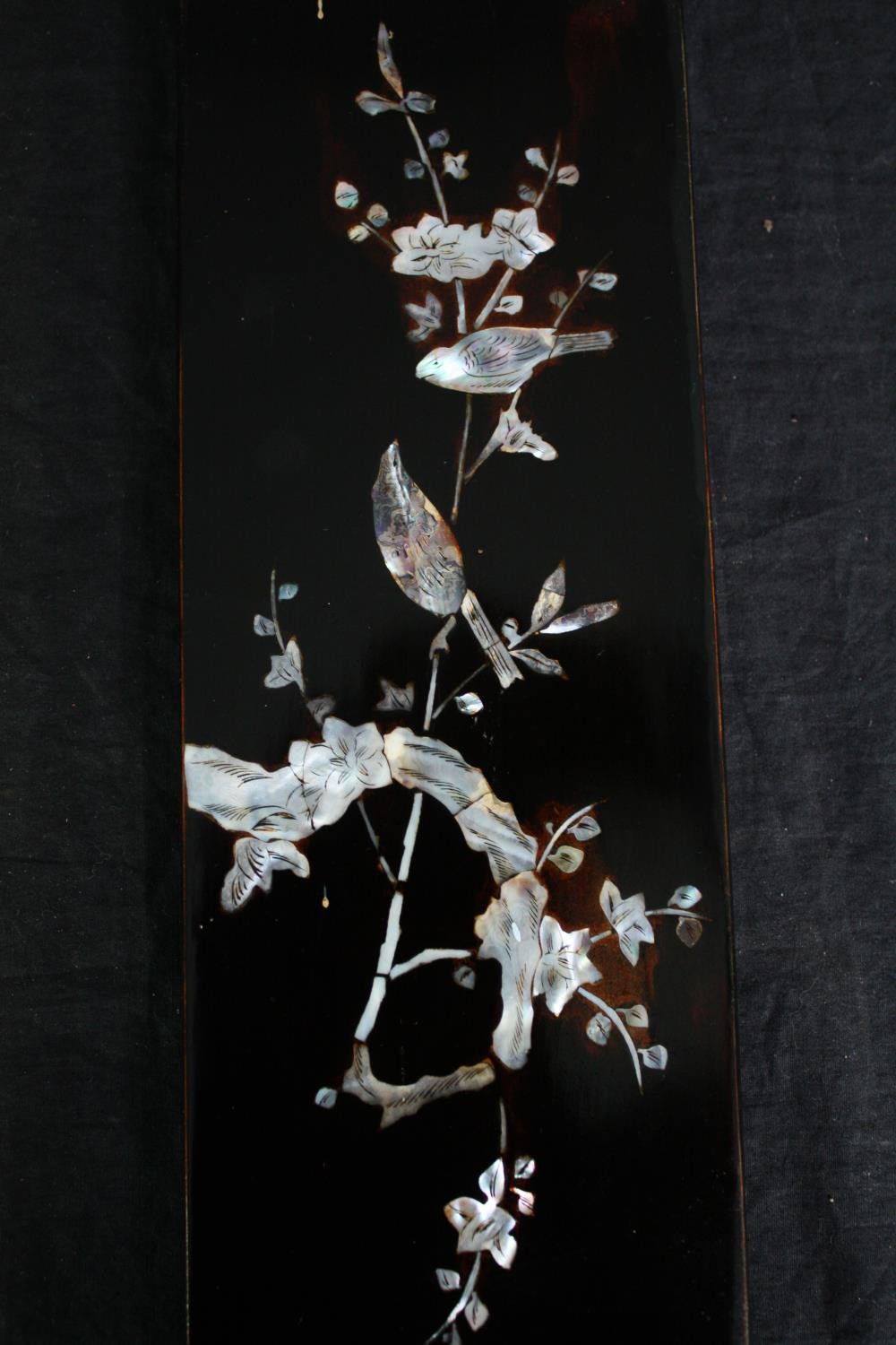A set of three mother of pearl panels, a lidded papier mache pencil box and a small papier mache - Image 3 of 12