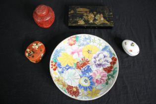 A Japanese hand painted flower plate along with a Persian lacquered box, a hand painted insect egg