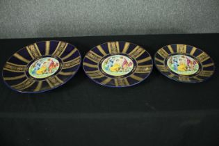 A set of three graduating Continental style plates. Dia.41cm. (largest)