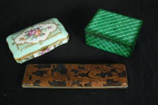 Two dressing table boxes; Limoges and malachite glass along with an Italian tooled leather pencil