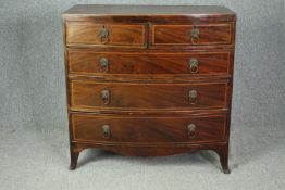 Chest of drawers, Georgian mahogany bowfronted with satinwood inlay. H.106 W.105 D.51cm.