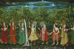 An Indo-Persian gouache on board, figures in a landscape. H.53 W.72cm.