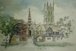 Graham Byfield, watercolour and ink, Gloucester Cathedral Close, signed. H.38 W.48cm.