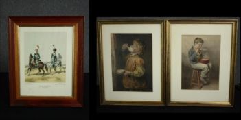 A pair of 19th century prints and a military print, all framed and glazed. H.54 W.42cm. (each).
