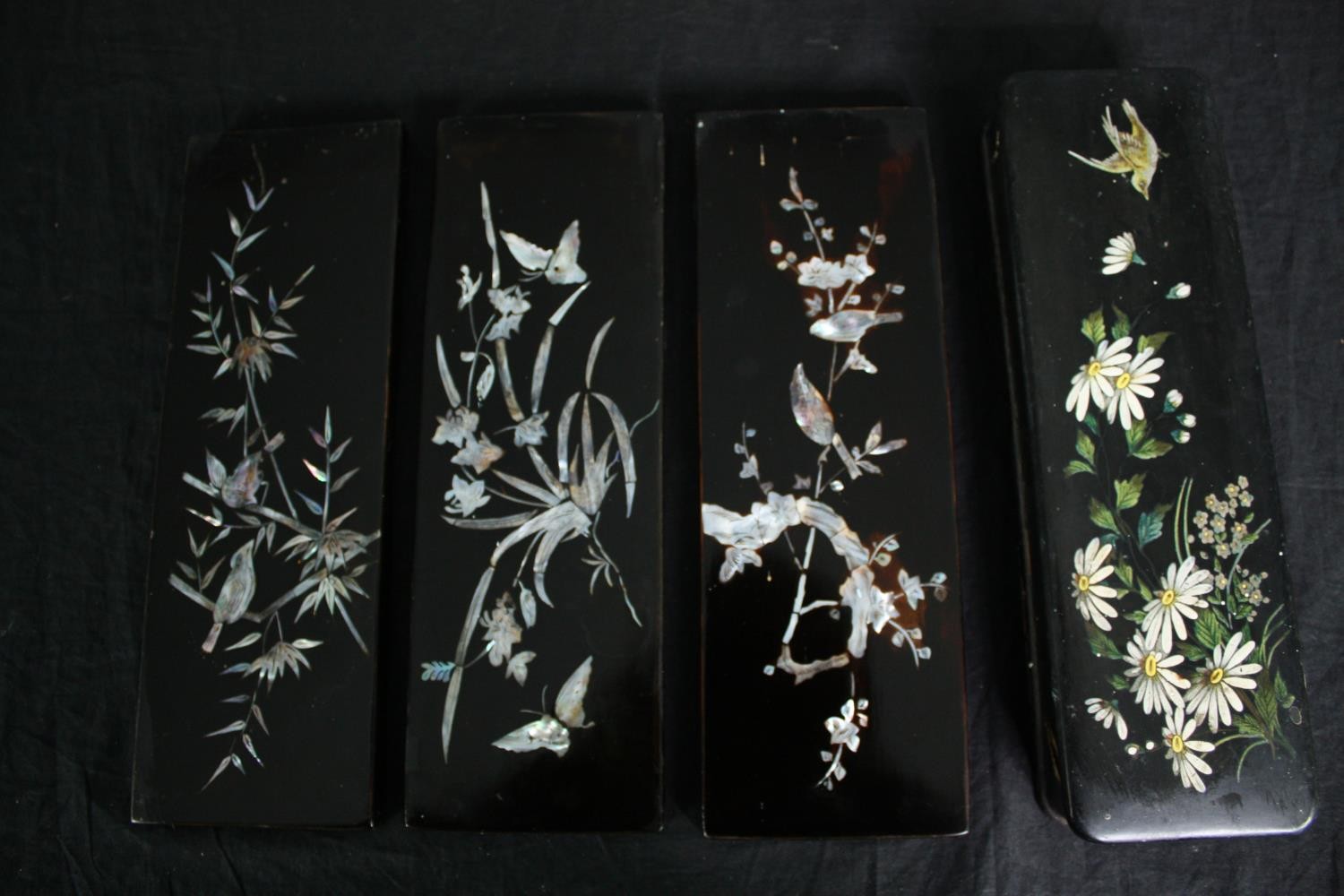A set of three mother of pearl panels, a lidded papier mache pencil box and a small papier mache - Image 2 of 12
