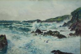 J Hughes Clayton (1891-1929), stormy seascape, signed with gallery label to the reverse. H.51 W.