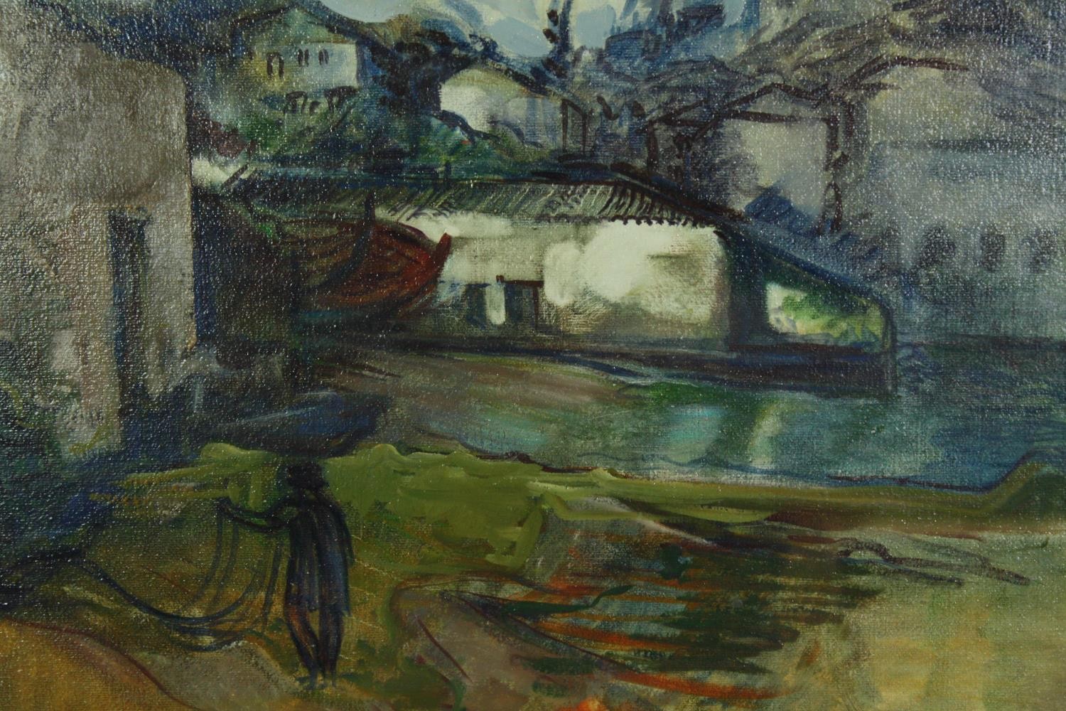Oil on board, village setting, indistinctly signed. H.59 W.67cm.