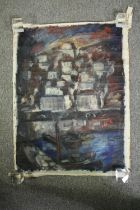 Oil on unstretched canvas, mid century expressionist port town, indistinctly signed. H.73 W.50cm.