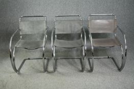Three MR20 chairs designed by Ludwig Mies van der Rohe in chrome and leather. H.86 W.55 D.78cm.