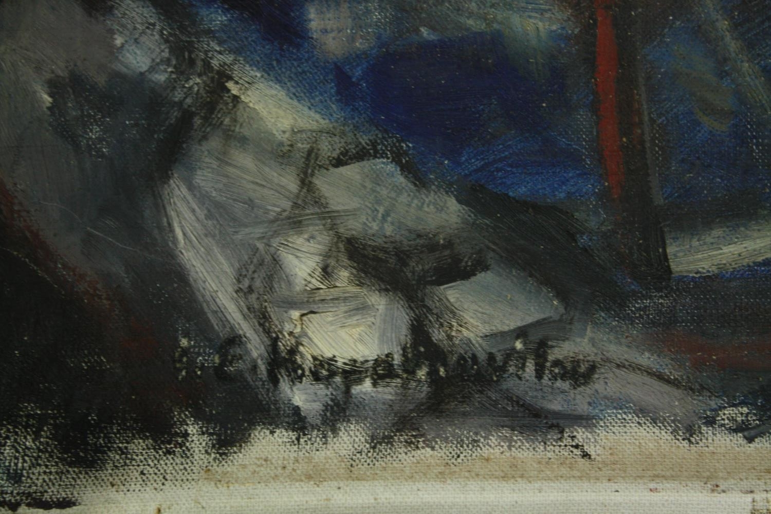 Oil on unstretched canvas, mid century expressionist port town, indistinctly signed. H.73 W.50cm. - Image 3 of 4