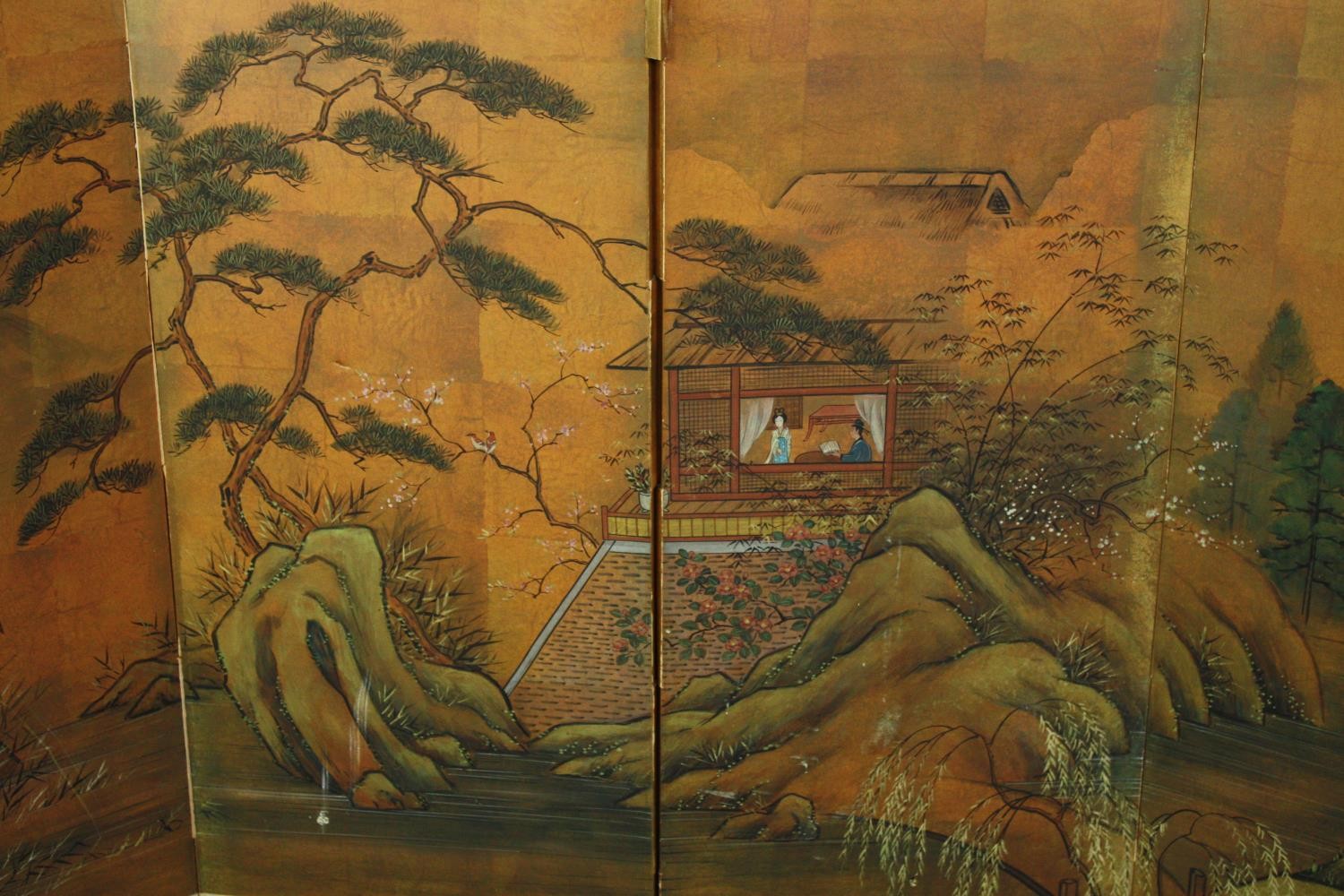 An early 20th century Japanese low screen with four gouache painted panels on a gilt background. H. - Image 2 of 5