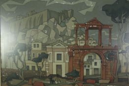 A framed acrylic under non reflective plastic glaze, townscape with a lone seated figure, signed. (