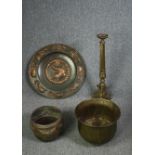 A brass ecclesiastic style candlestick along with two metal pots and a tray. H.71cm. (largest).