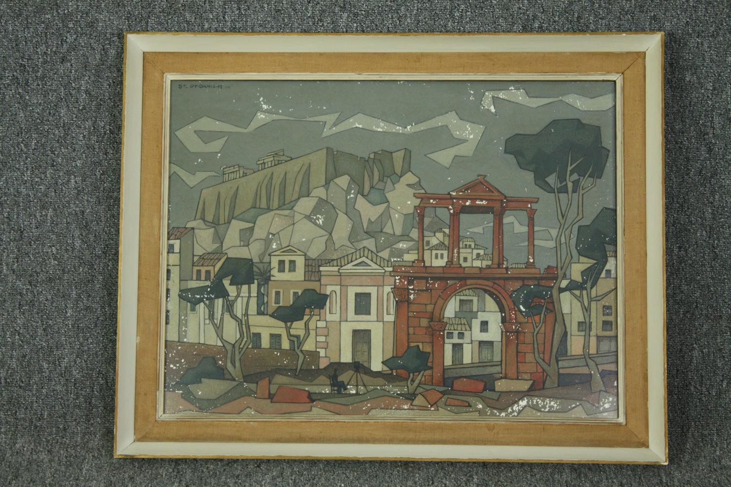 A framed acrylic under non reflective plastic glaze, townscape with a lone seated figure, signed. ( - Image 2 of 4