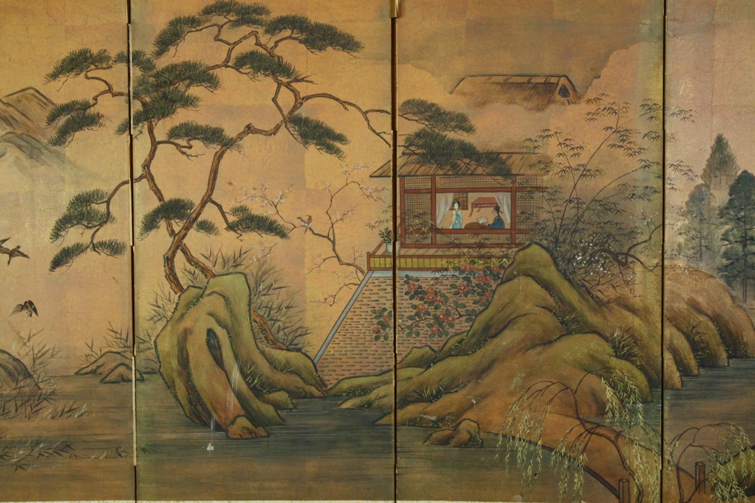 An early 20th century Japanese low screen with four gouache painted panels on a gilt background. H. - Image 3 of 5