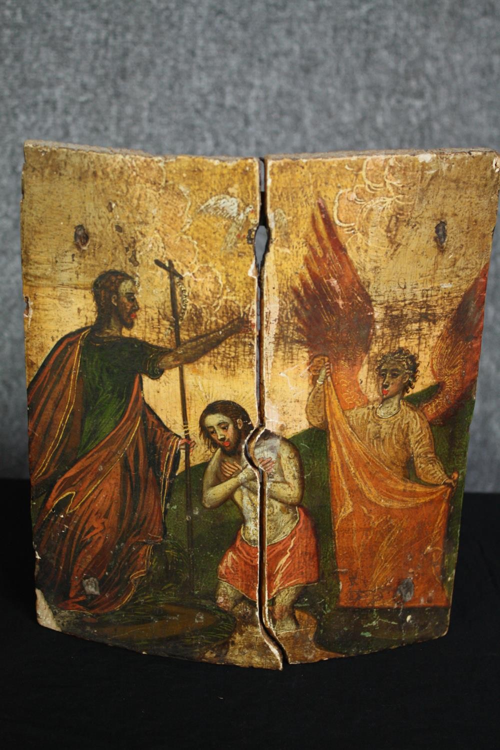 A 19th century hand painted religious icon on panel along with an eastern lacquered stationery box. - Image 2 of 8