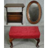A vintage mirror, a footstool and a magazine rack.