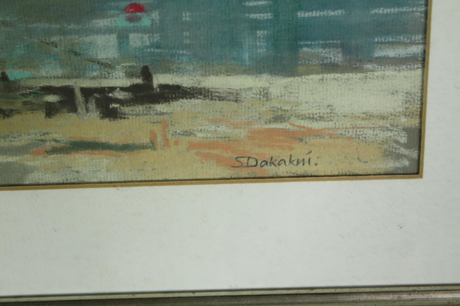 A framed and glazed pastel, signed S Dakakani with label to the reverse; Bateen Dhow, Abu Dhabi. H. - Image 3 of 5