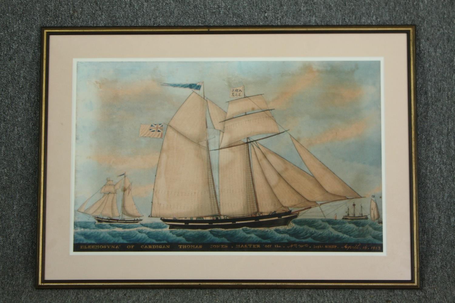 A Print, 19th century framed and glazed, the schooner Eleemosyna in full sail, labels to the - Image 2 of 5