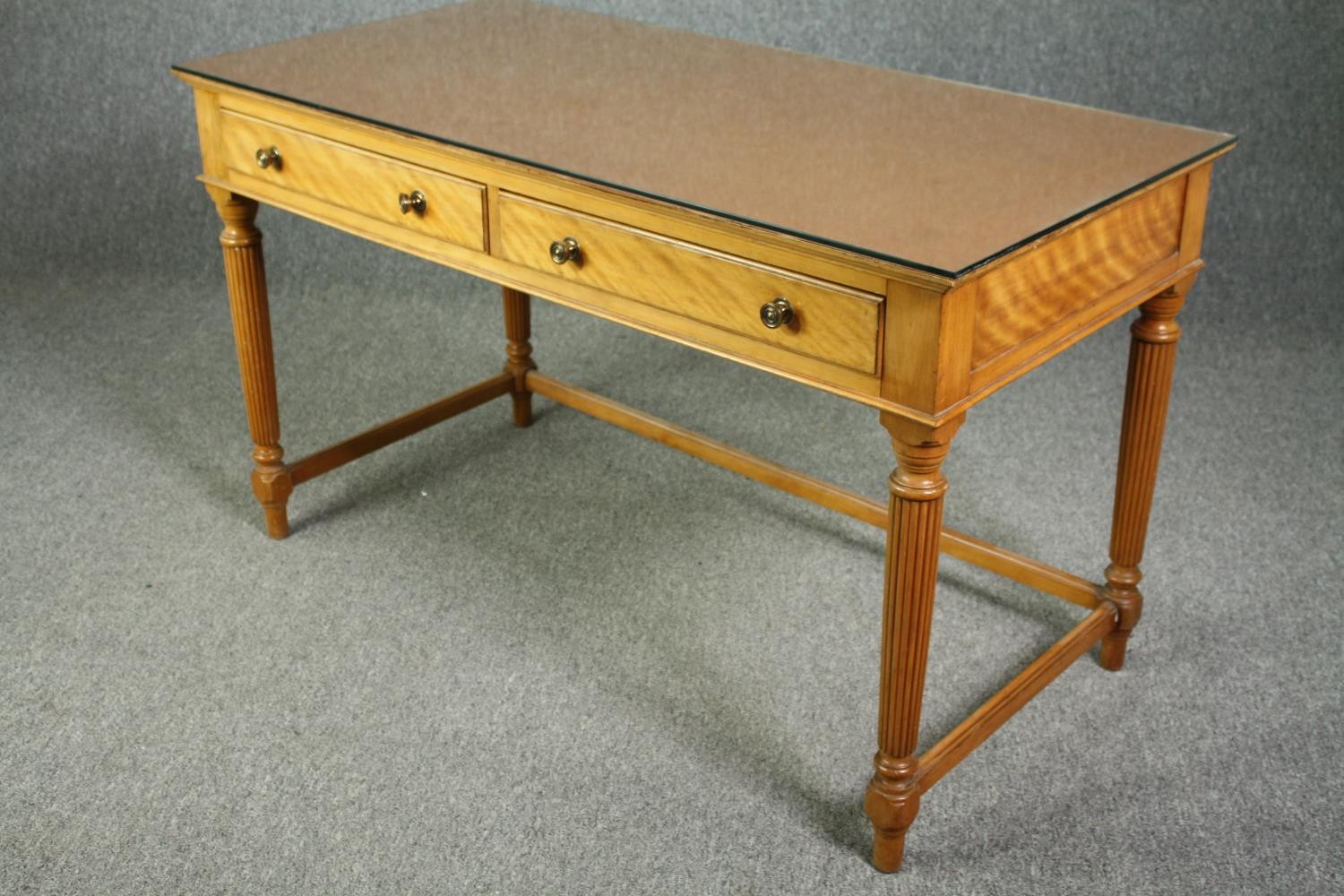 An early 19th century satinwood writing table with composite top under plate glass, stamped - Image 8 of 10