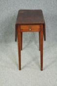 A 19th century mahogany and satinwood drop flap Pembroke table. H.66 W.80 (ext) D.67cm.