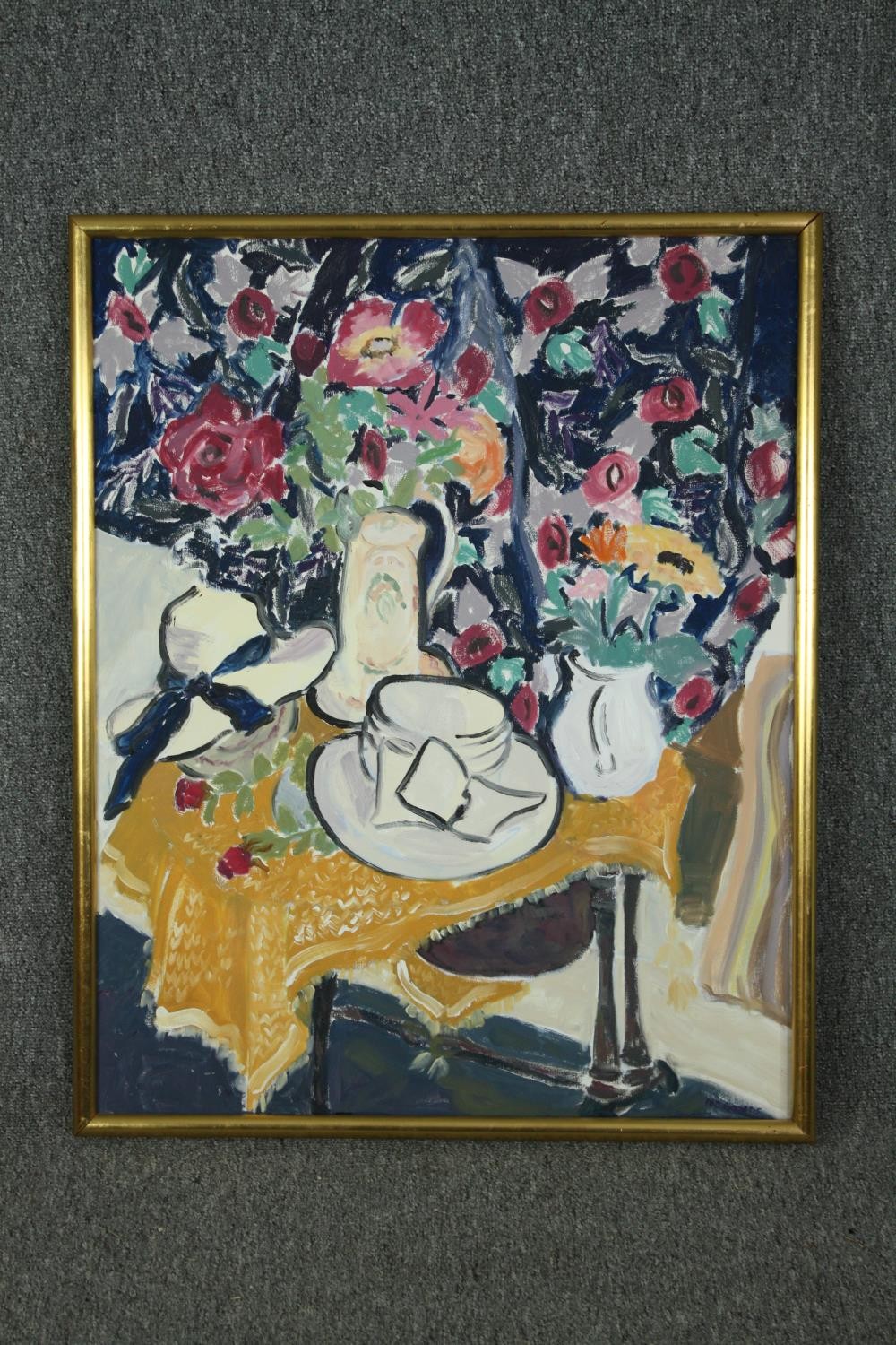 A framed oil on canvas, Hats and Shawls, Pat Mortimer. H.80 W.64cm. - Image 2 of 4