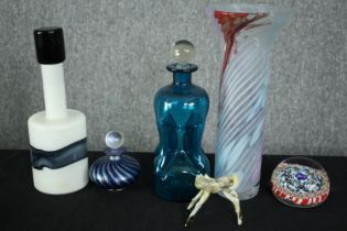An Italian art glass decanter, a blue glass glug decanter and other art glass items. H.29cm. (
