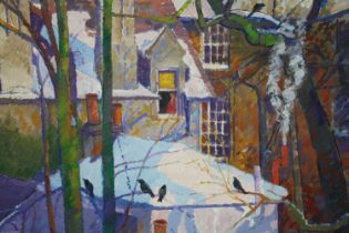 Oil on canvas, Urban snow scene, initialled CK, gallery label to the reverse, "Thaw", C Keays. H.