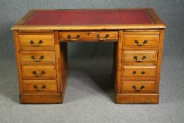 Pedestal desk, late 19th century oak. H.77 W.135 D.80cm. (Needs a little attention to fit together