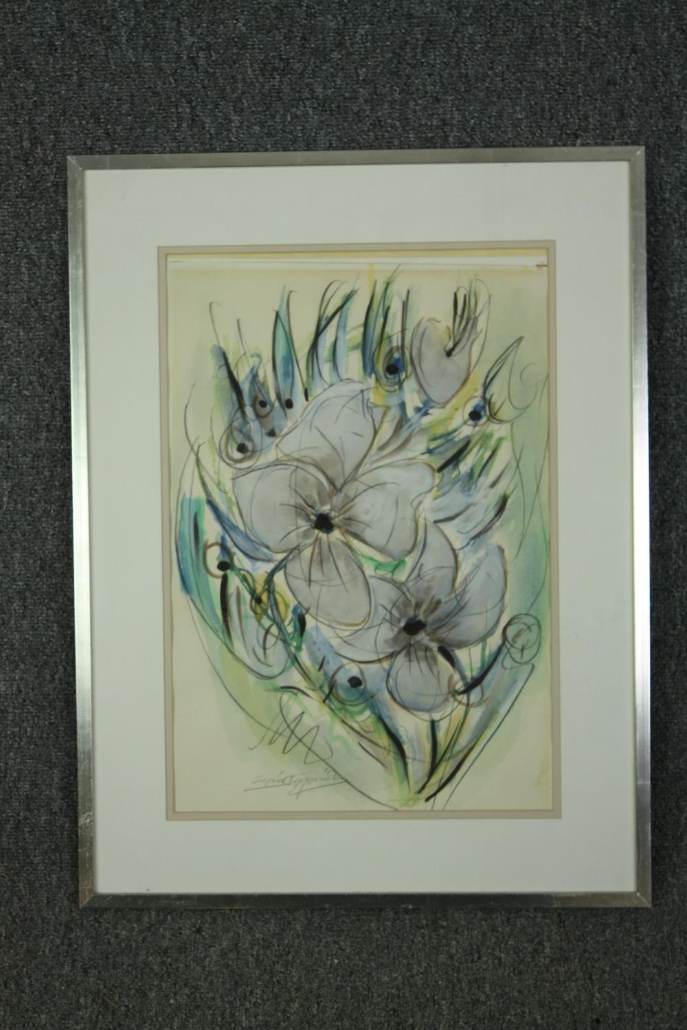A framed and glazed watercolour and pencil study; white lilys, indistinctly signed. H.63 W.48cm. - Image 2 of 4