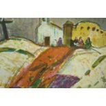 A framed and glazed limited edition lithograph, figures in a townscape, indistinctly signed and