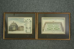 A pair of 19th century engravings, Versailles and La Place Royale, text to the reverse, framed and