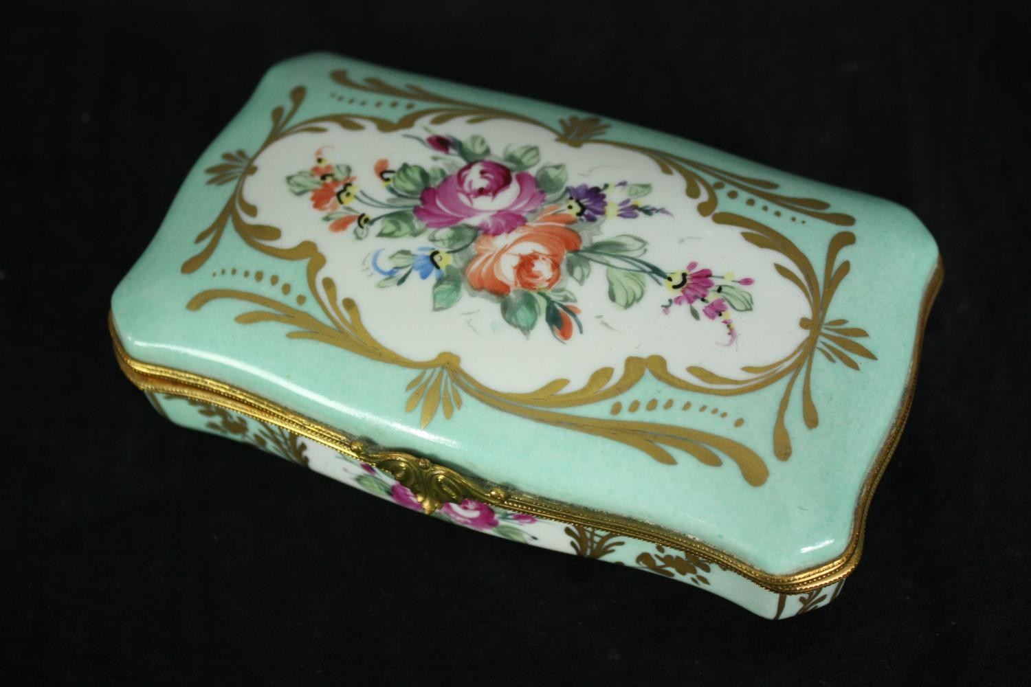 Two dressing table boxes; Limoges and malachite glass along with an Italian tooled leather pencil - Image 4 of 10