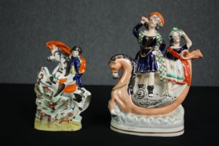Two 19th century Staffordshire groups, Napoleon and Highland figures in a boat. H,24cm. (largest)