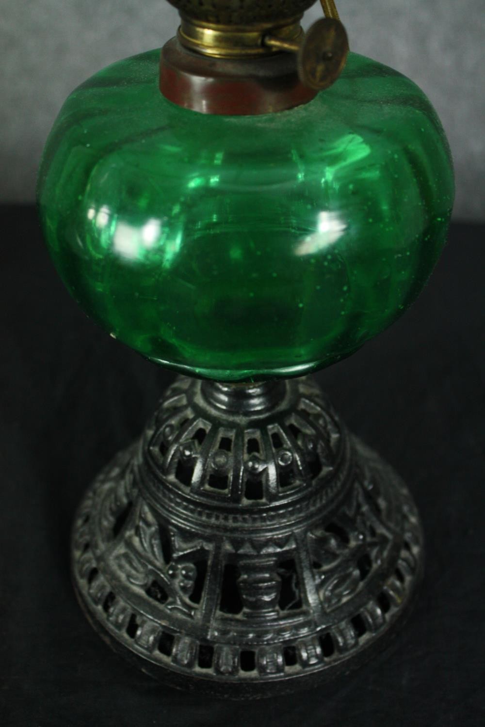 Two 19th century glass oil lamps, both wired for electricity. H.54cm. (largest). - Image 5 of 7