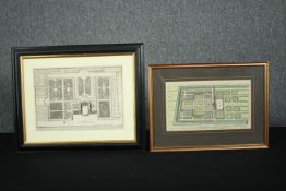 Two 19th century hand coloured lithographs, architectural plans, framed and glazed. H.39 W.49cm. (