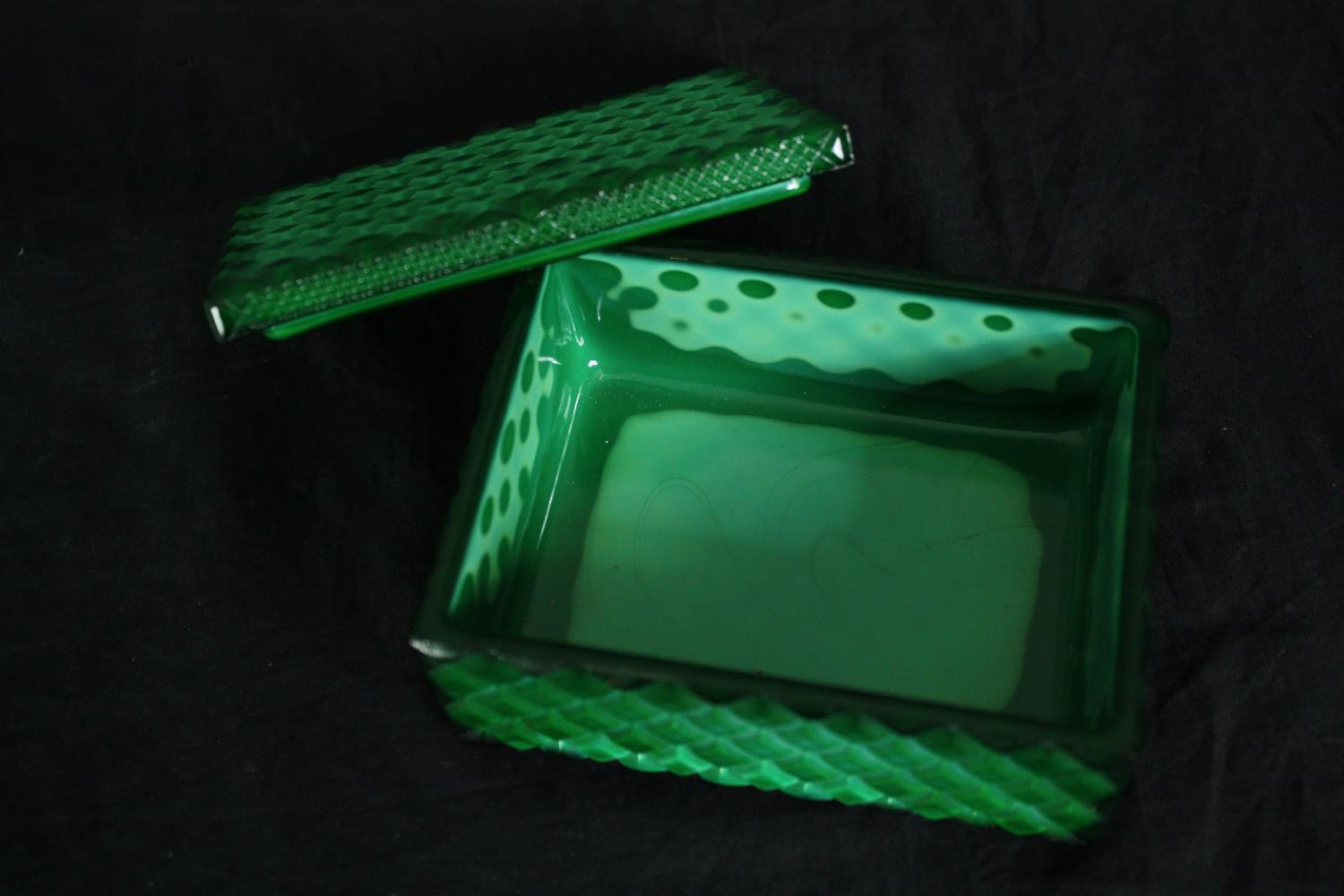 Two dressing table boxes; Limoges and malachite glass along with an Italian tooled leather pencil - Image 3 of 10