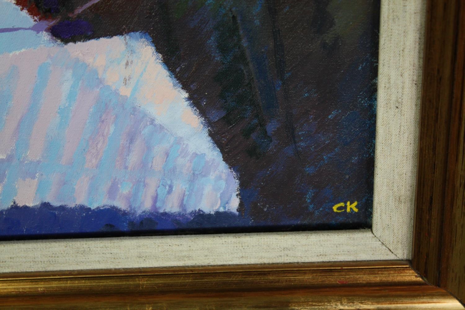 Oil on canvas, Urban snow scene, initialled CK, gallery label to the reverse, "Thaw", C Keays. H. - Image 3 of 5