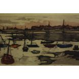 A framed and glazed limited edition etching, sailing boats in an estuary, numbered and