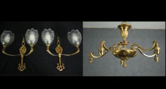 A vintage brass chandelier with spare glass shades and a pair of twin sconce wall lights. H.43 Dia.