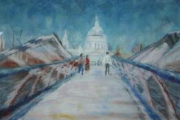 A framed pastel, initialled with exhibition label to the reverse, Elizabeth James, Millenium Bridge.