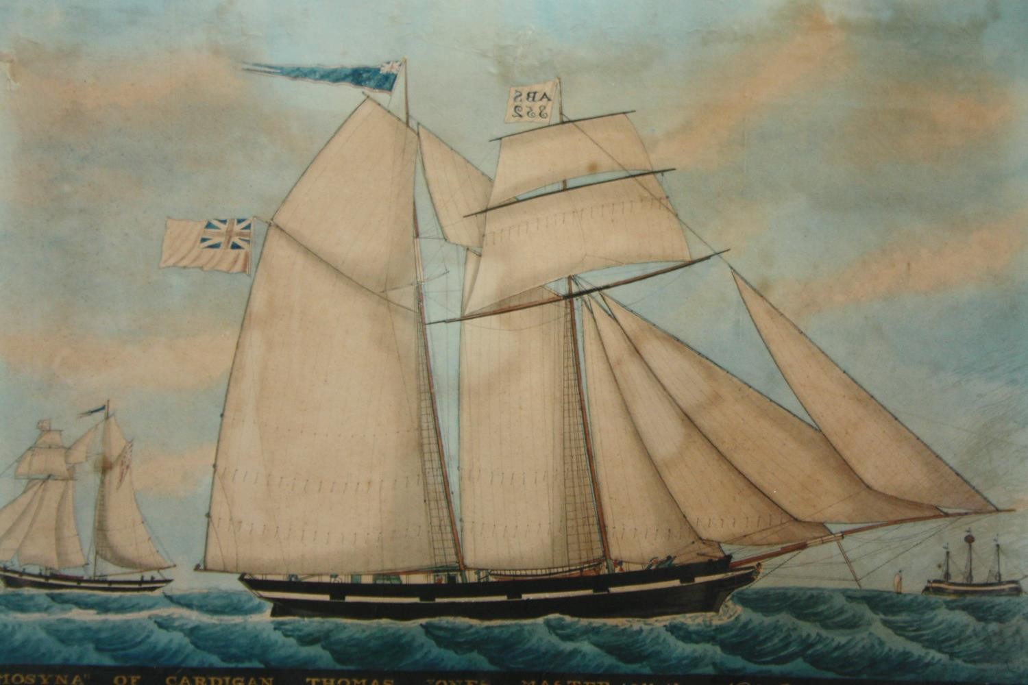 A Print, 19th century framed and glazed, the schooner Eleemosyna in full sail, labels to the