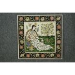 A ceramic tile work on board, classical style figure in a garden. H.46 W.46cm.