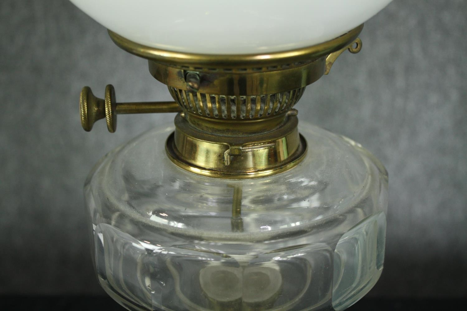 Two 19th century glass oil lamps, both wired for electricity. H.54cm. (largest). - Image 7 of 7