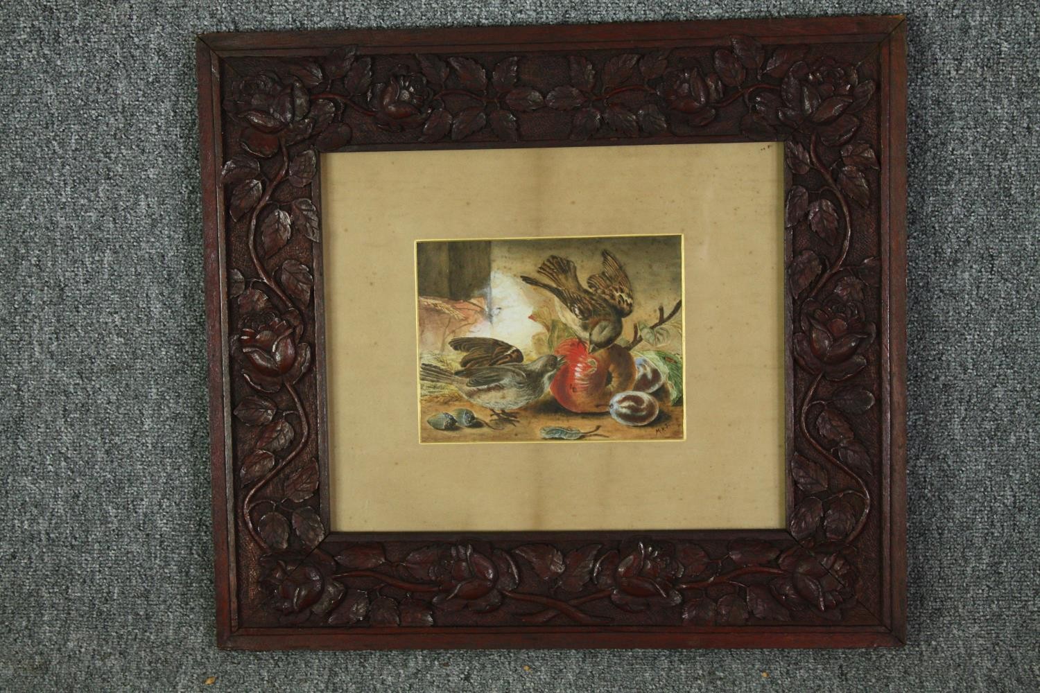 A late 19th century watercolour, glazed and in a carved oak frame, birds and fruit, initialled - Image 2 of 4