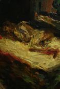 Oil on board, reclining figure, indistinctly signed to the reverse. H.29 W.24cm.